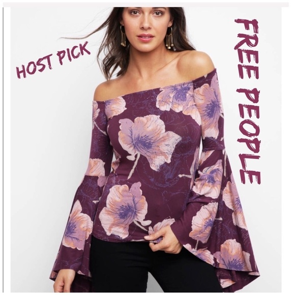 FREE PEOPLE Off the Shoulder Boho Burgundy/Pink Floral Top Flounce Sleeve Small… - Picture 6 of 10